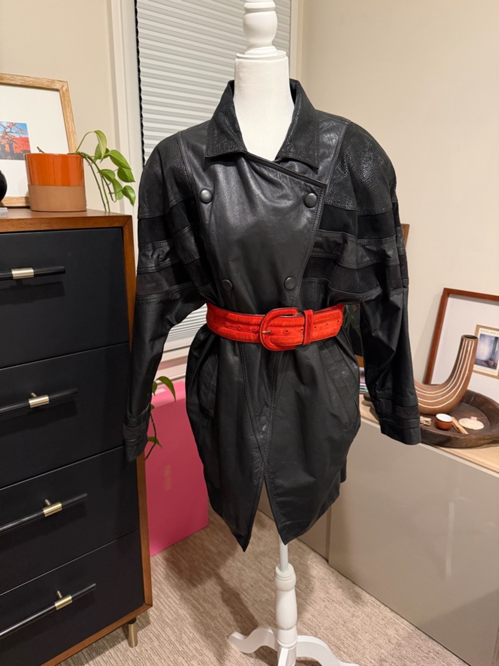 Vintage Black Leather jacket or dress with shoulder pads, bat wings, pockets